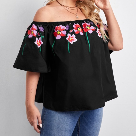 Plus Black Floral Off Shoulder Summer Blouse - Picture 4 of 5